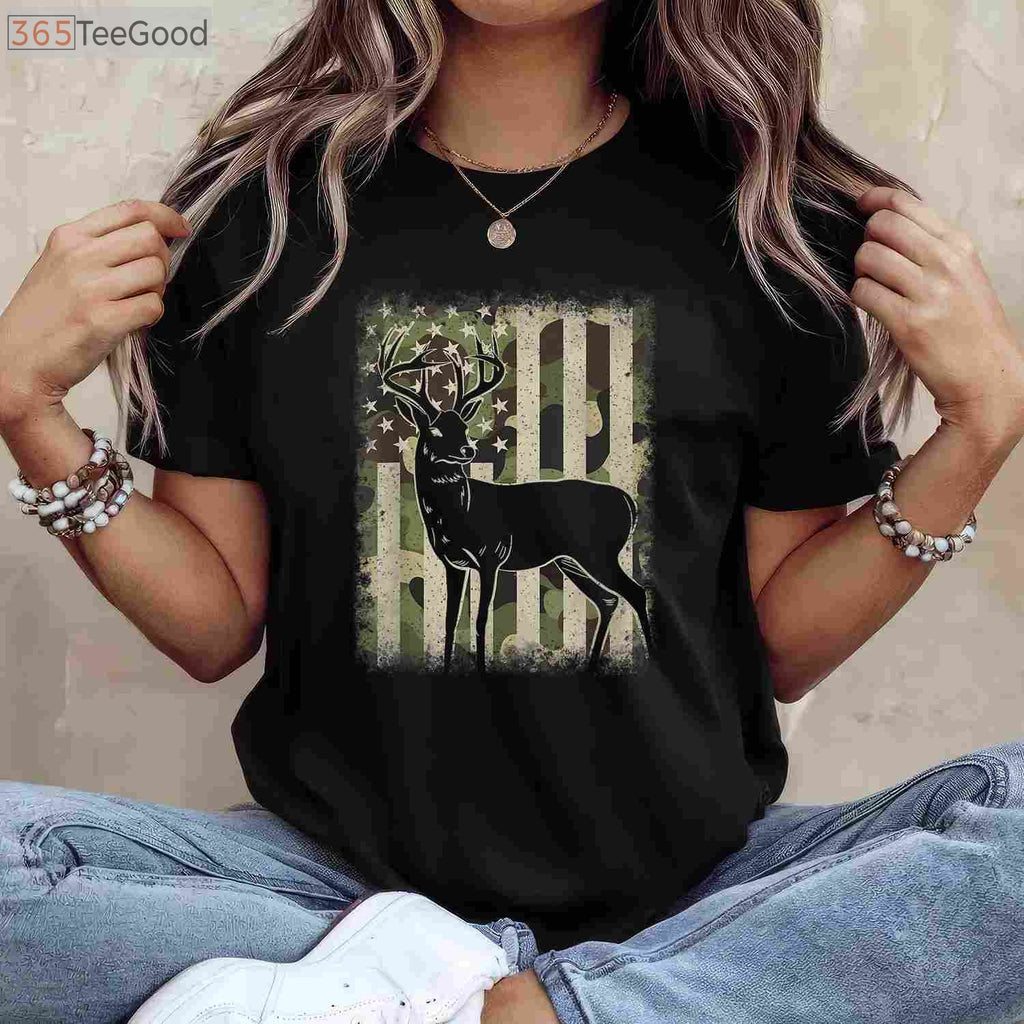 Whitetail Buck Hunting Camouflage Shirt, US Flag Patriotic Hunter Camo Tee