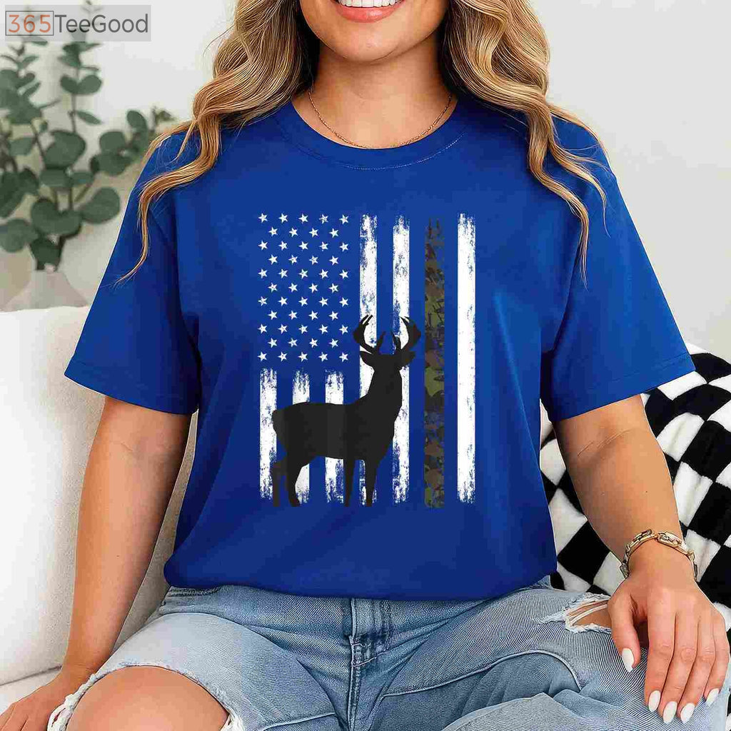 Whitetail Deer Hunting American Flag Apparel, Patriotic Buck Camo Tee