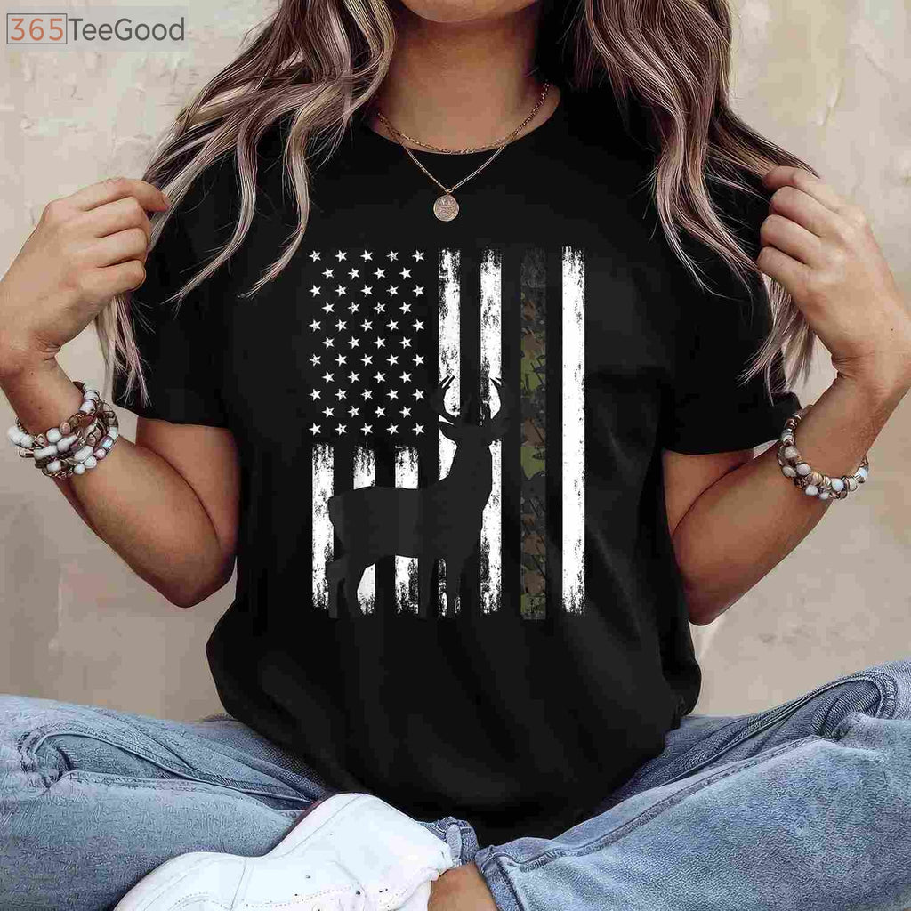 Whitetail Deer Hunting American Flag Apparel, Patriotic Buck Camo Tee