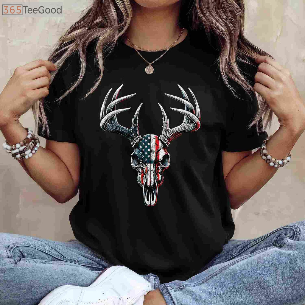 Whitetail Deer Hunting Buck Skull Shirt, Patriotic American Flag Hunter Tee