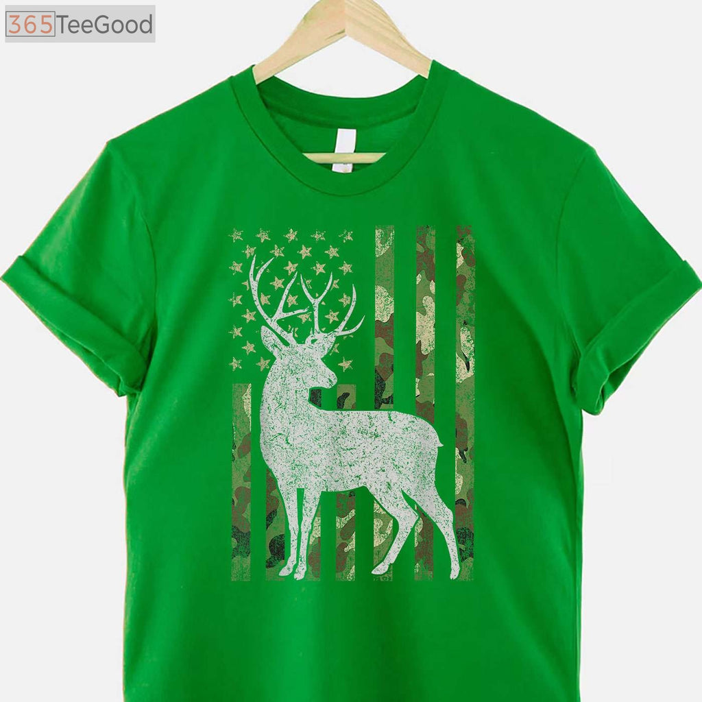 Whitetail Buck Hunting 4th of July Patriotic Shirt, USA Flag Camouflage Tee