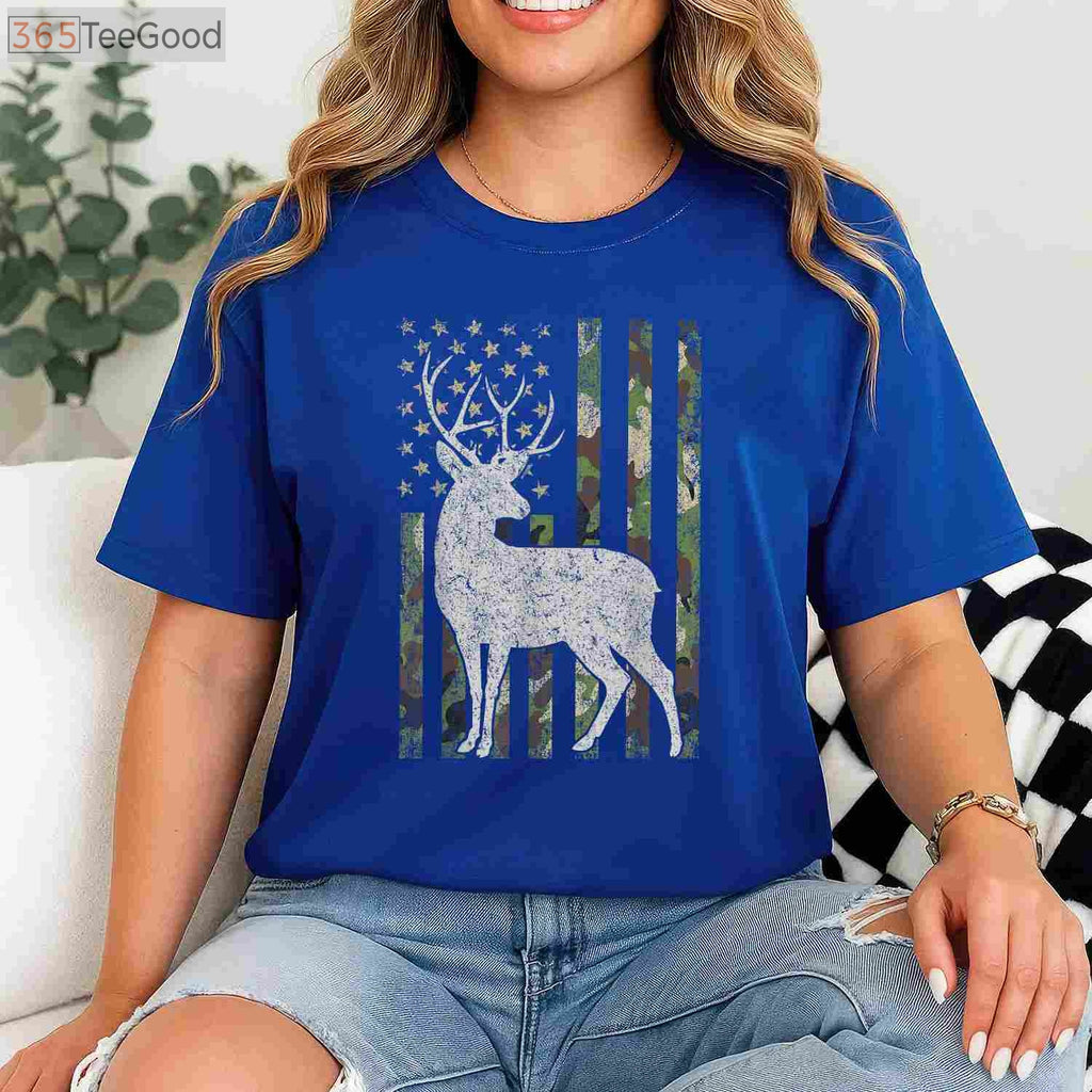 Whitetail Buck Hunting 4th of July Patriotic Shirt, USA Flag Camouflage Tee