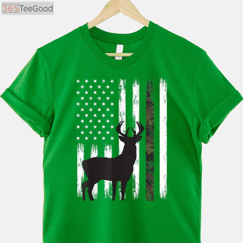 Whitetail Deer Hunting American Flag Apparel, Patriotic Buck Camo Tee