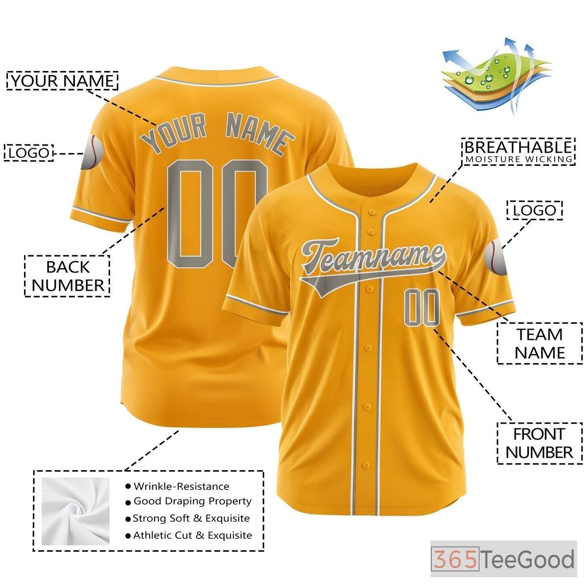 Yellow Baseball Jersey Tee for Men & Women - Custom Name & Number Details