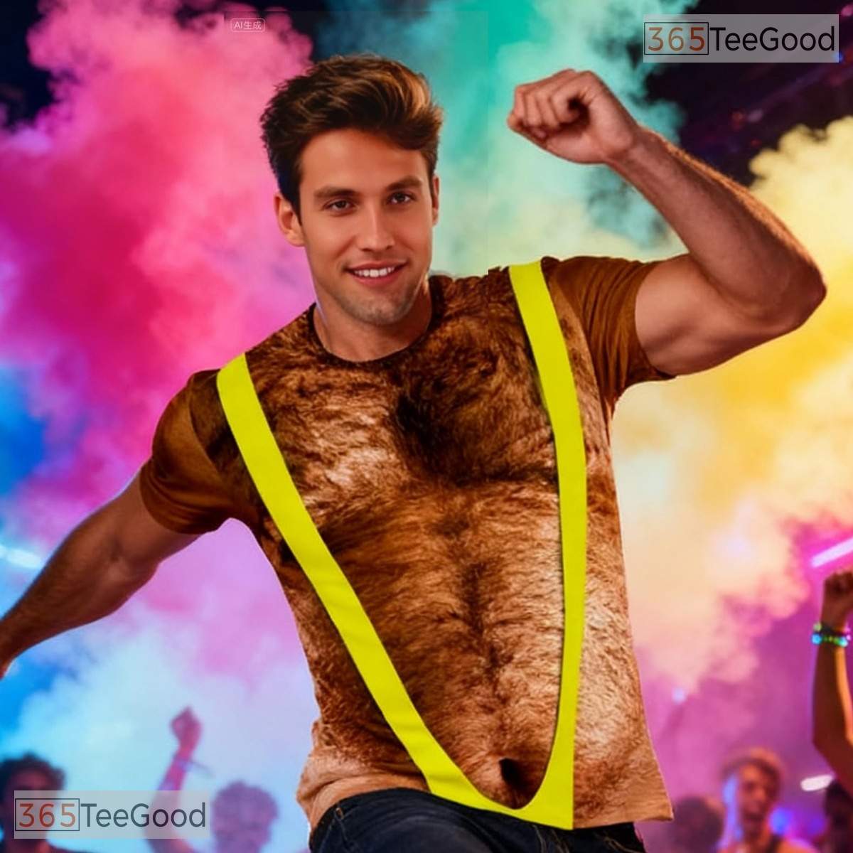 Yellow Hairy Chest Funny Fake Abs 3D Graphic Printed Casual Novelty Unisex Shirt