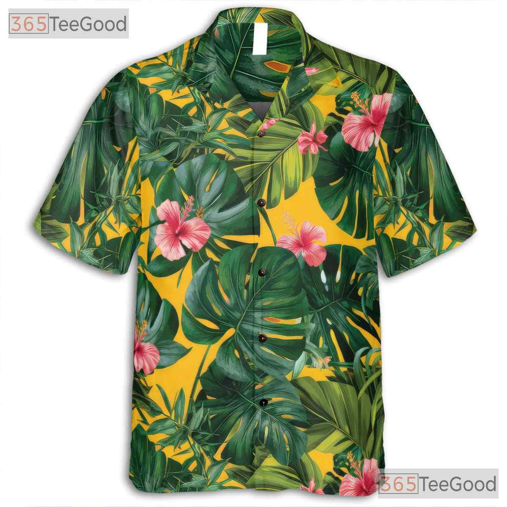 Yellow Palm Leaves Tropical Hibiscus Floral Hawaiian Shirt Unisex Outfit Top