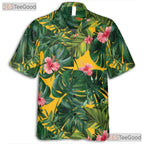 Yellow Palm Leaves Tropical Hibiscus Floral Hawaiian Shirt Unisex Outfit Top