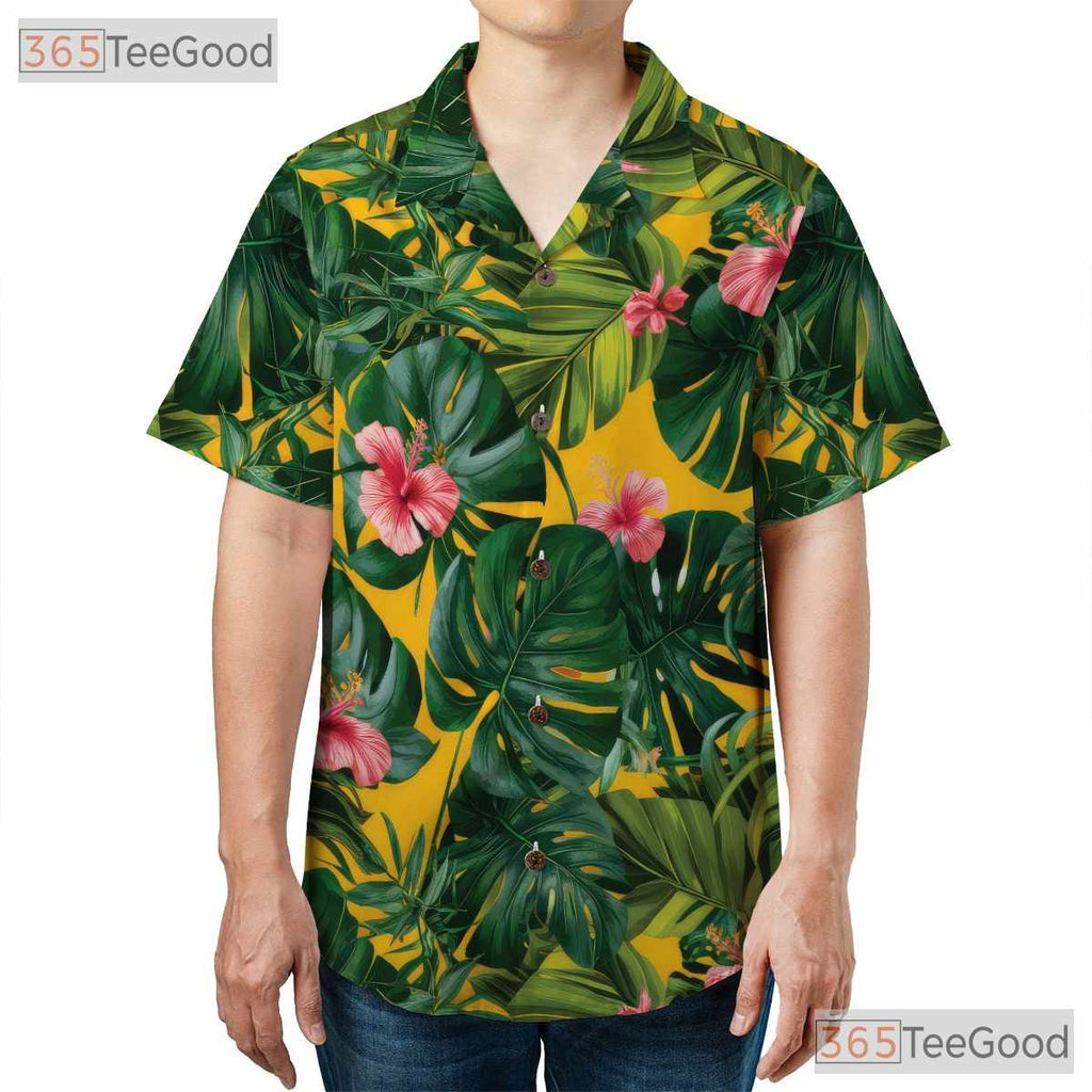 Yellow Palm Leaves Tropical Hibiscus Floral Hawaiian Shirt Unisex Outfit Top