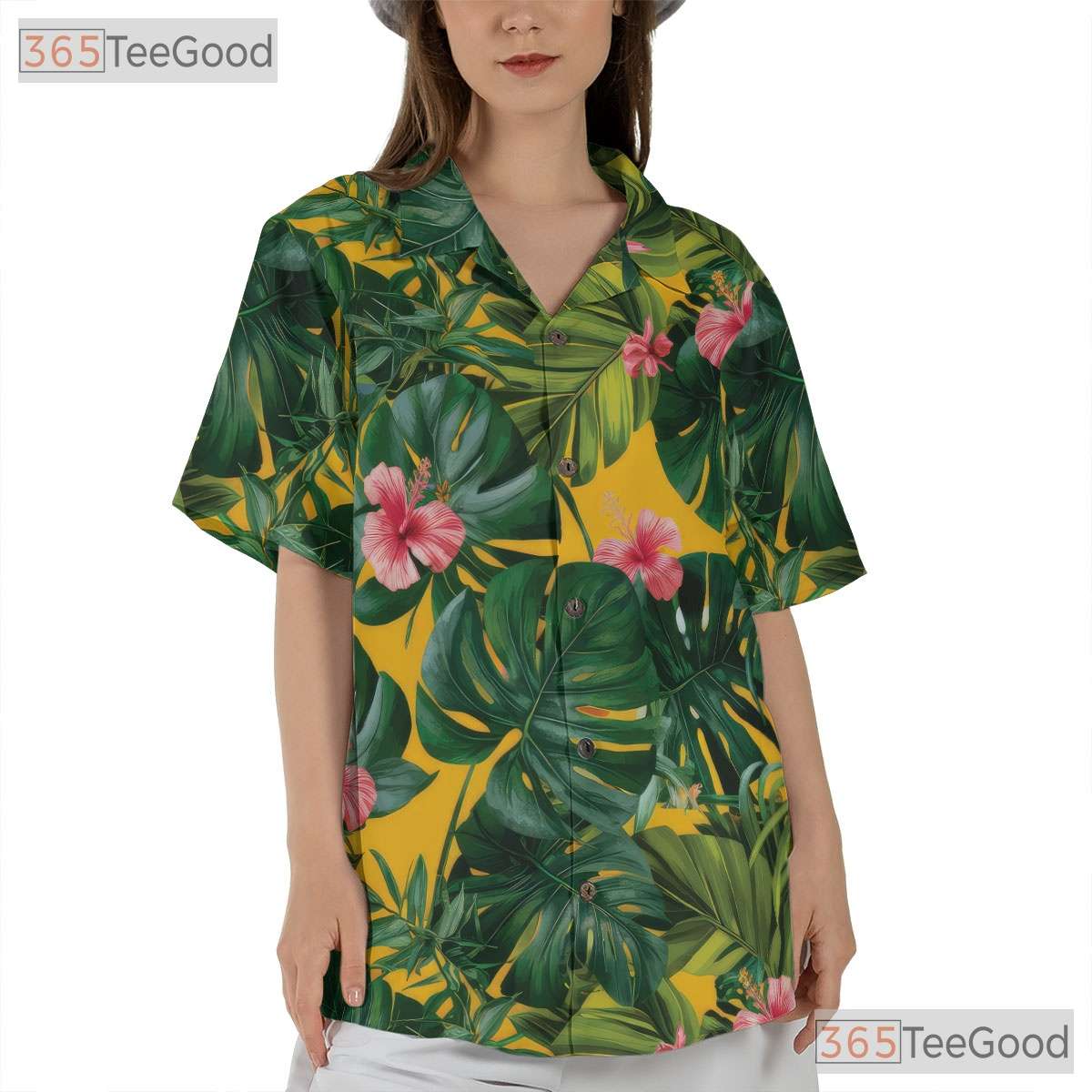 Yellow Palm Leaves Tropical Hibiscus Floral Hawaiian Shirt Unisex Outfit Top