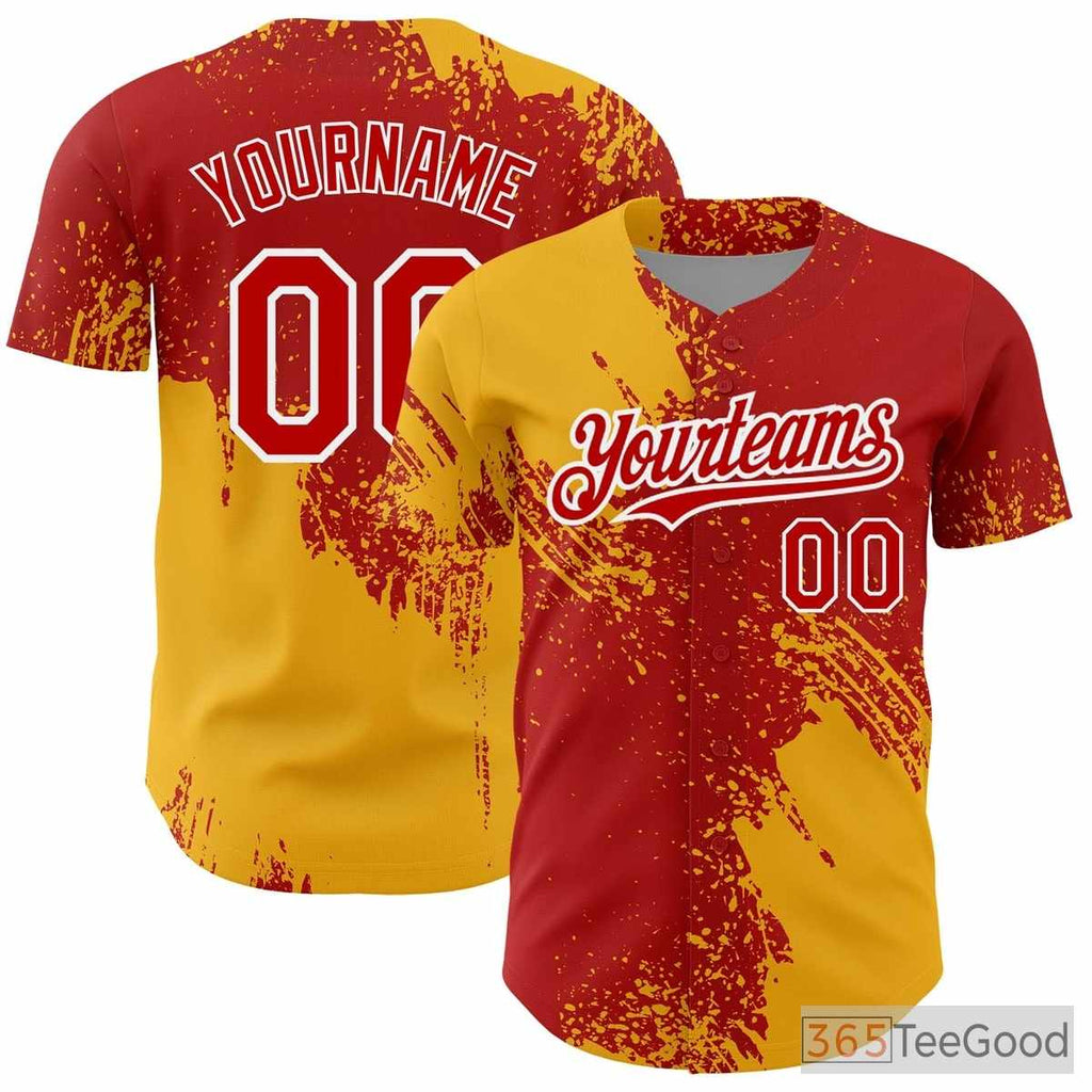 Yellow Red Custom Baseball Jersey Tee - Personalized Stitched Name & Number for Men & Women