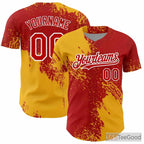 Yellow Red Custom Baseball Jersey Tee - Personalized Stitched Name & Number for Men & Women