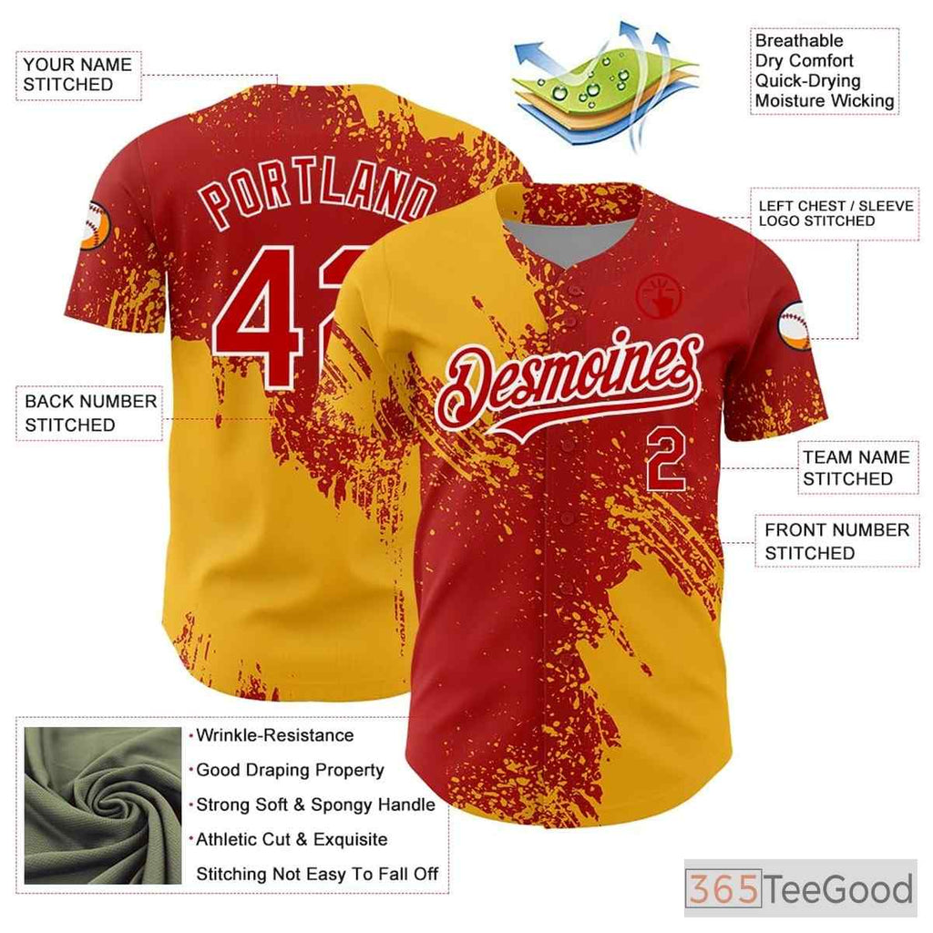 Yellow Red Custom Baseball Jersey Tee - Personalized Stitched Name & Number for Men & Women
