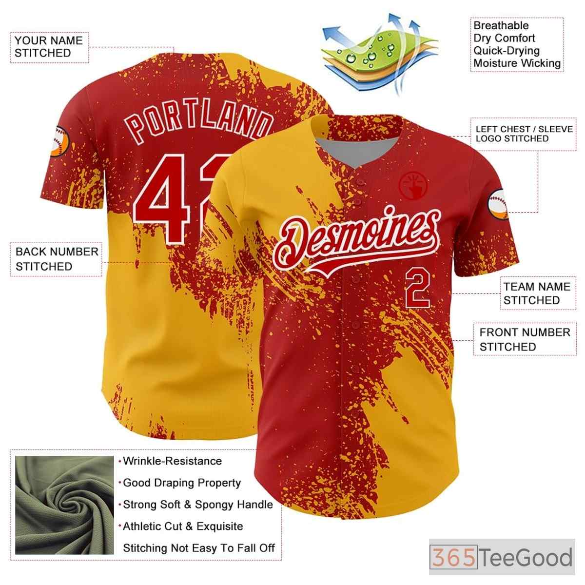 Yellow Red Custom Baseball Jersey Tee - Personalized Stitched Name & Number for Men & Women