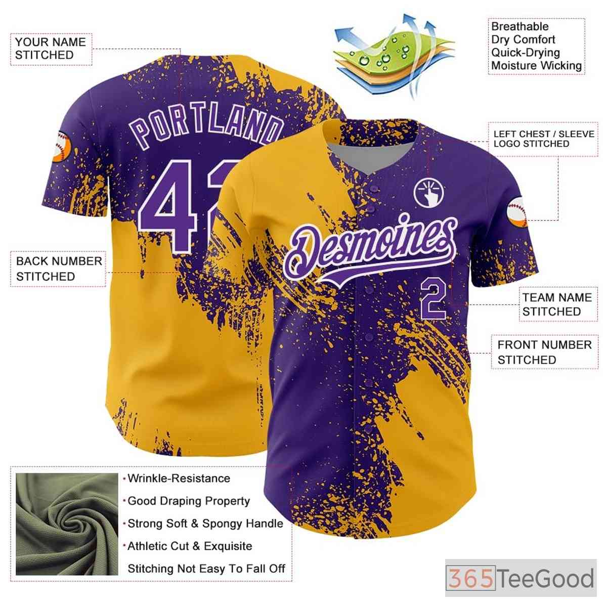 Yellow & Purple Baseball Jersey Tee - Custom Stitched Name & Number