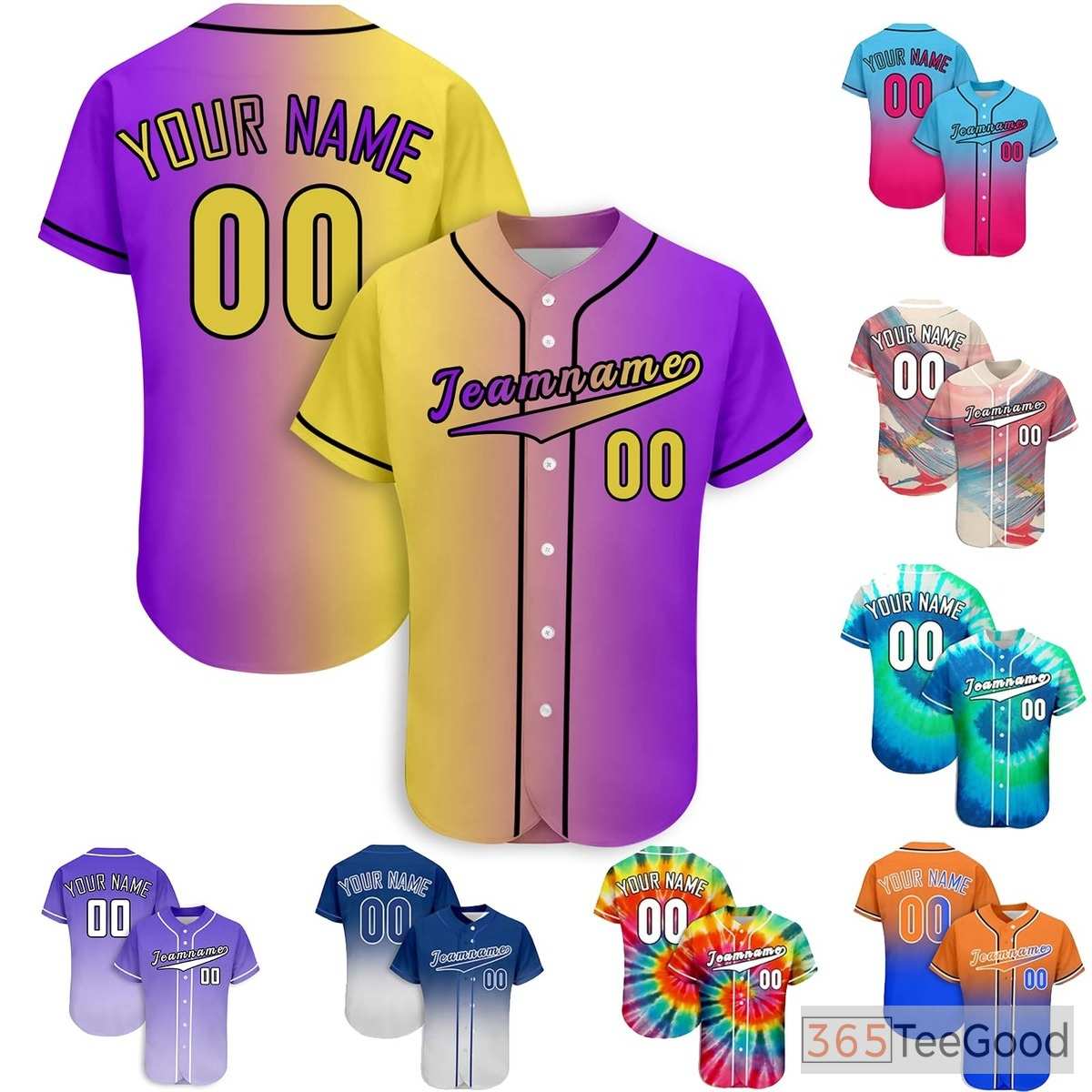 Yellow & Purple Custom Baseball Jersey Tee Personalized Unisex Button Down Team Shirt